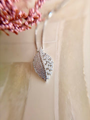 Sterling Silver Pavé and Baguette Zirconia Leaf Necklace