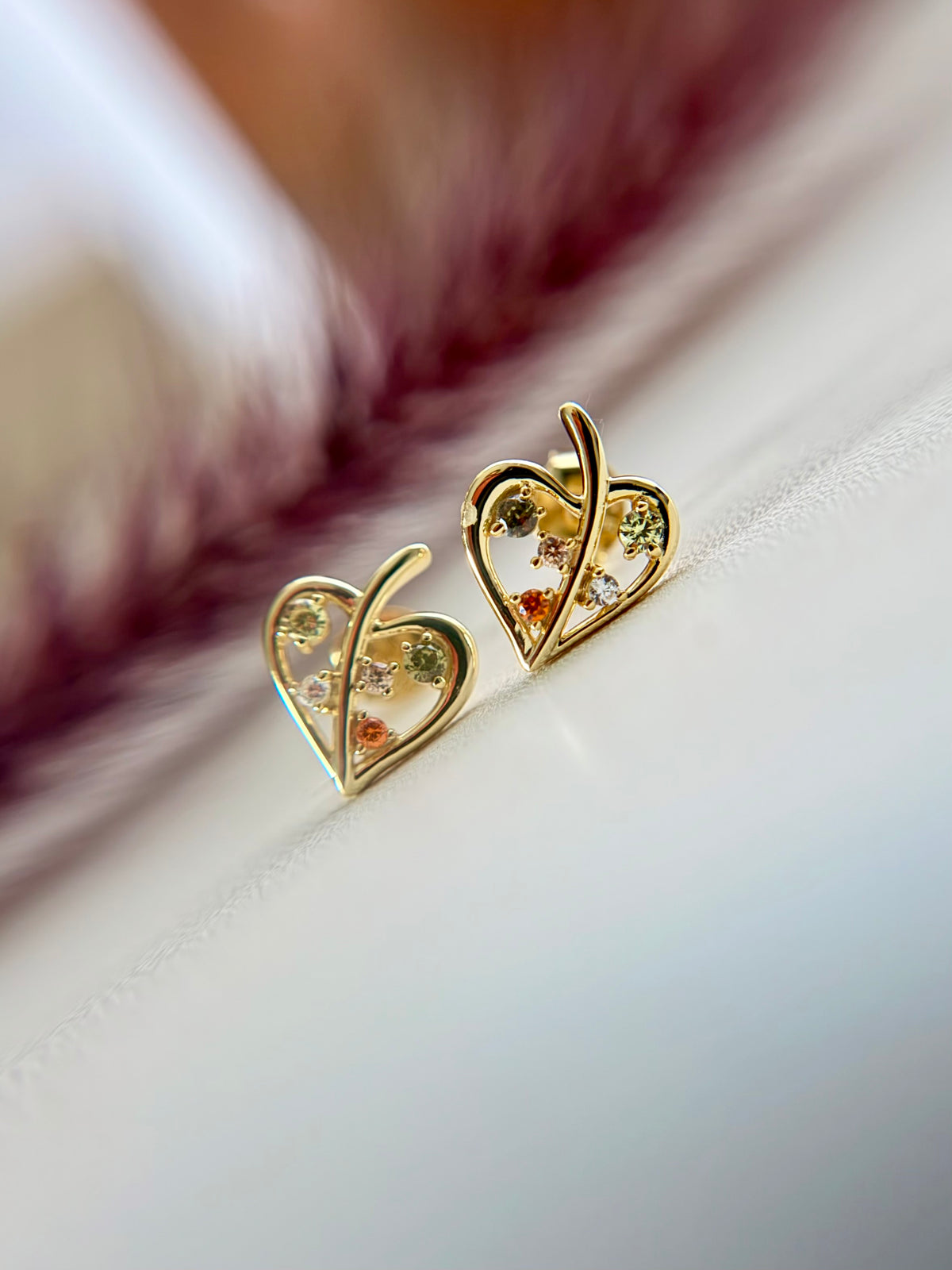 Sterling Silver 14K Gold Plated Multicolor Zirconia Heart Stud Earrings