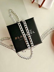 Sterling Silver 925 Italian Pave Flat Curb Chain