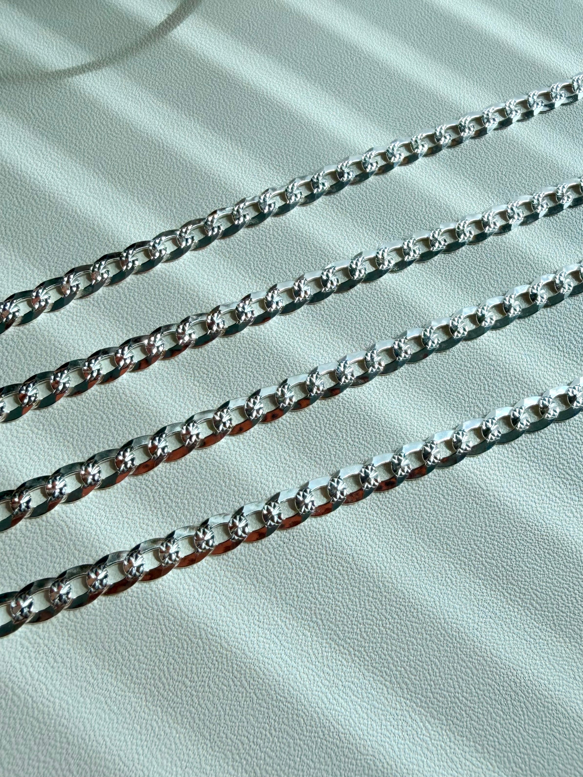 Sterling Silver 925 Italian Pave Flat Curb Chain