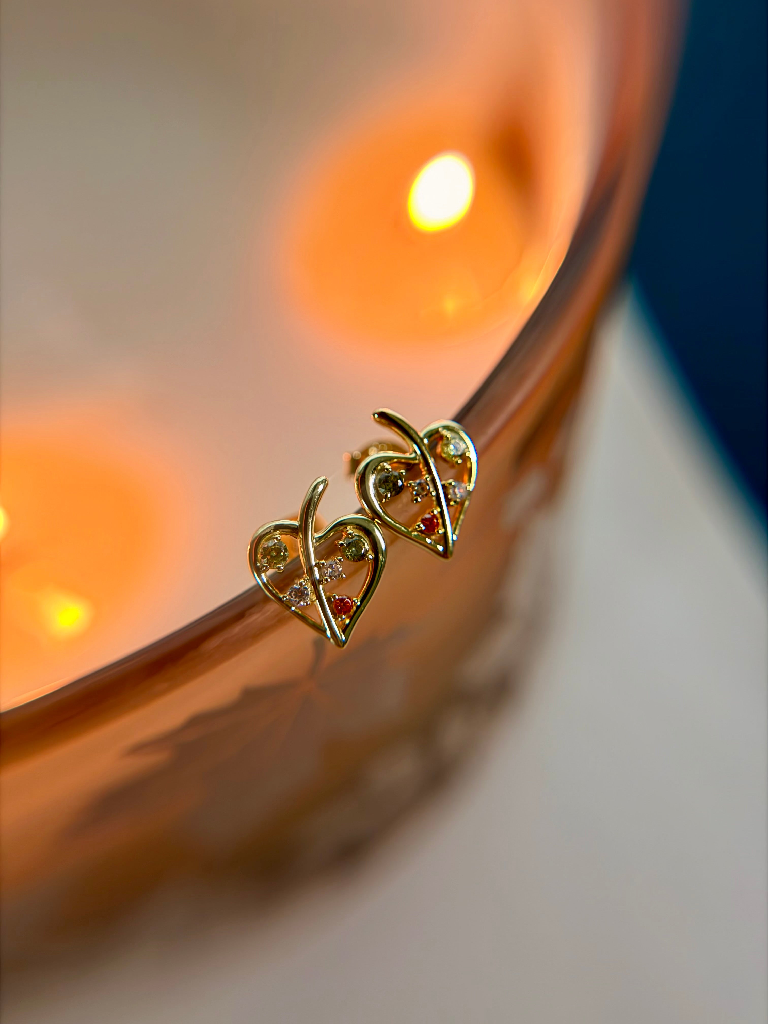 Sterling Silver 14K Gold Plated Multicolor Zirconia Heart Stud Earrings