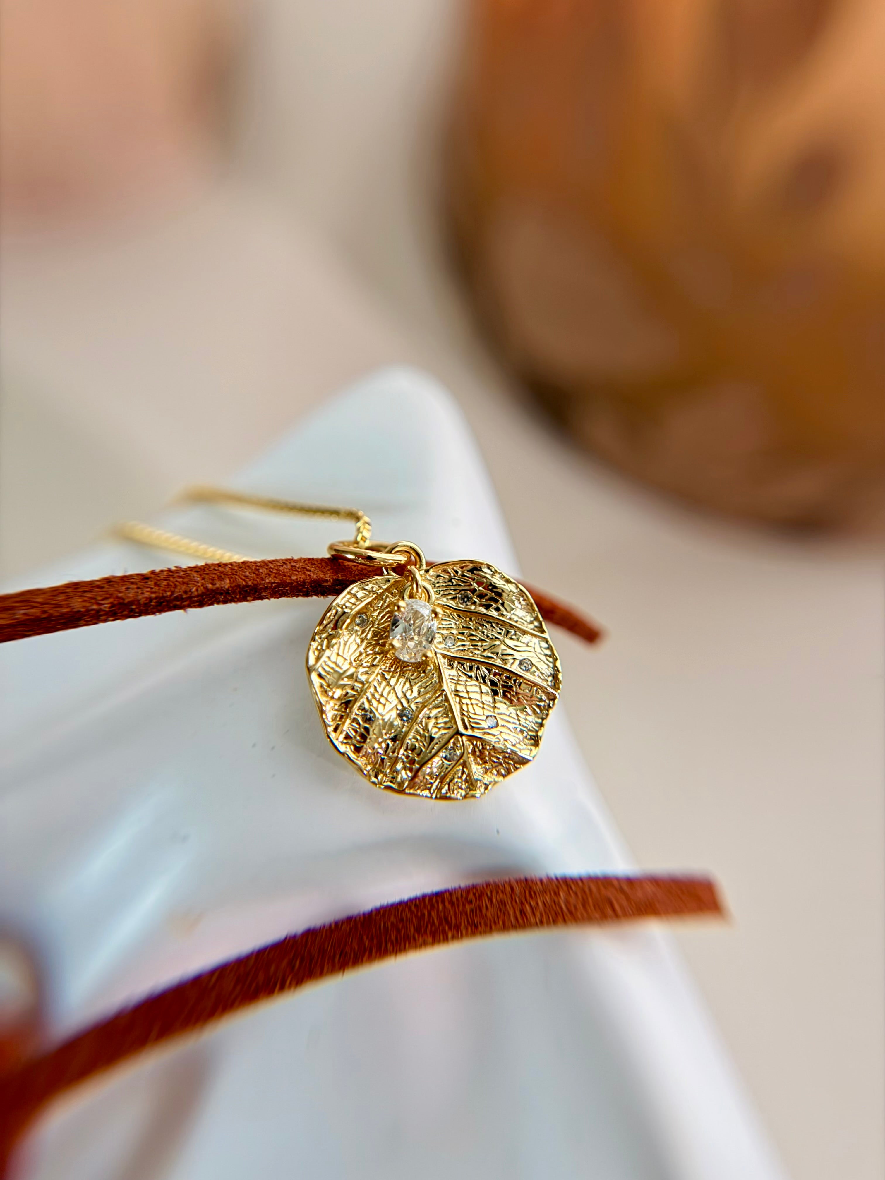 Sterling Silver 14K Gold Plated Textured Leaf Necklace.