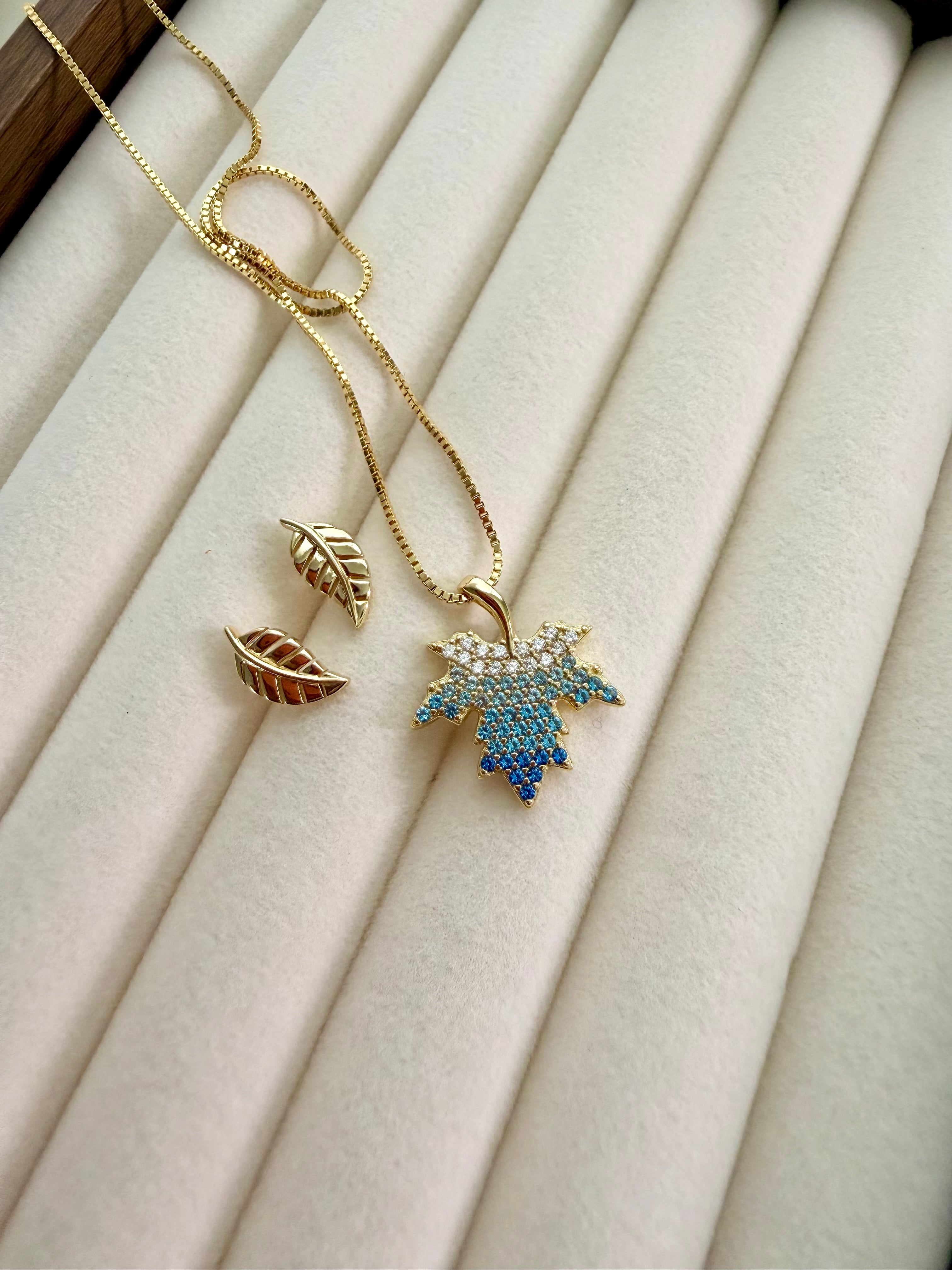 Sterling Silver 14K Gold Plated Blue Maple Leaf Necklace
