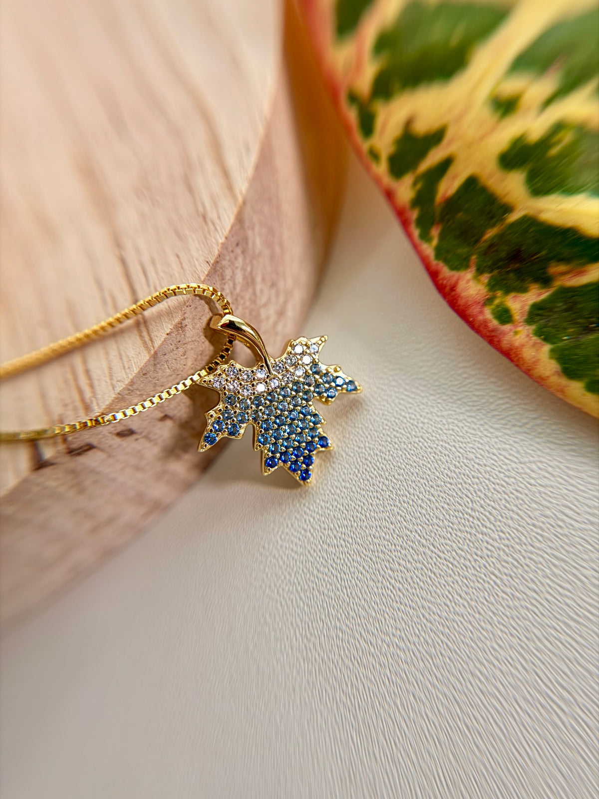 Sterling Silver 14K Gold Plated Blue Maple Leaf Necklace