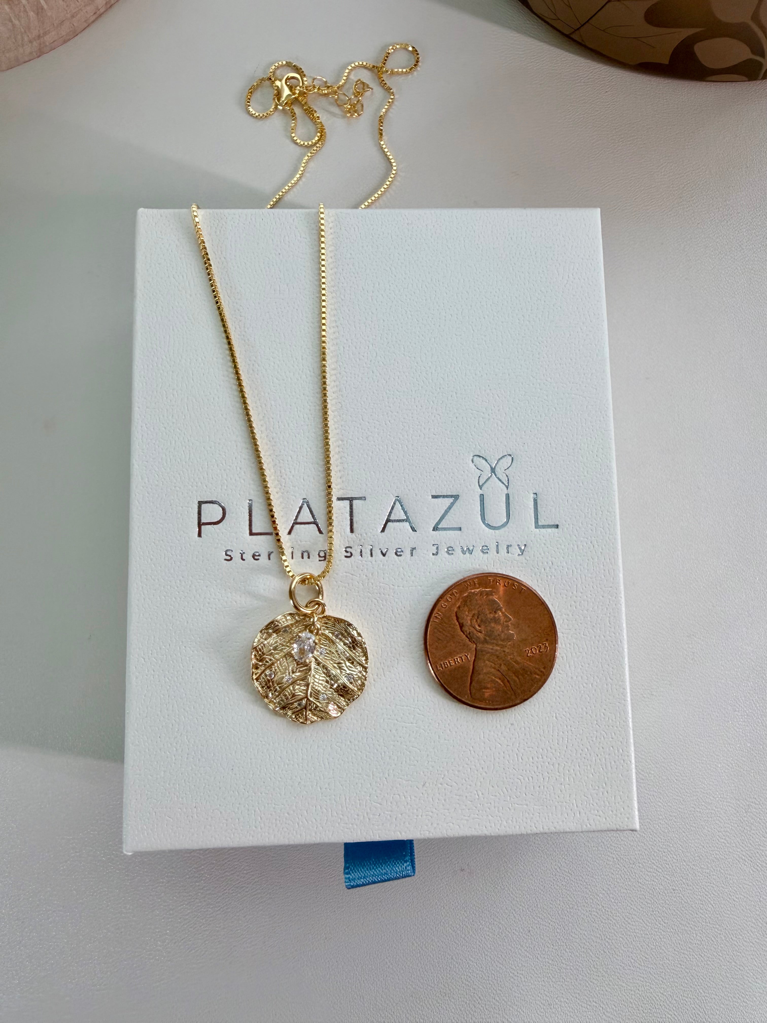 Sterling Silver 14K Gold Plated Textured Leaf Necklace.