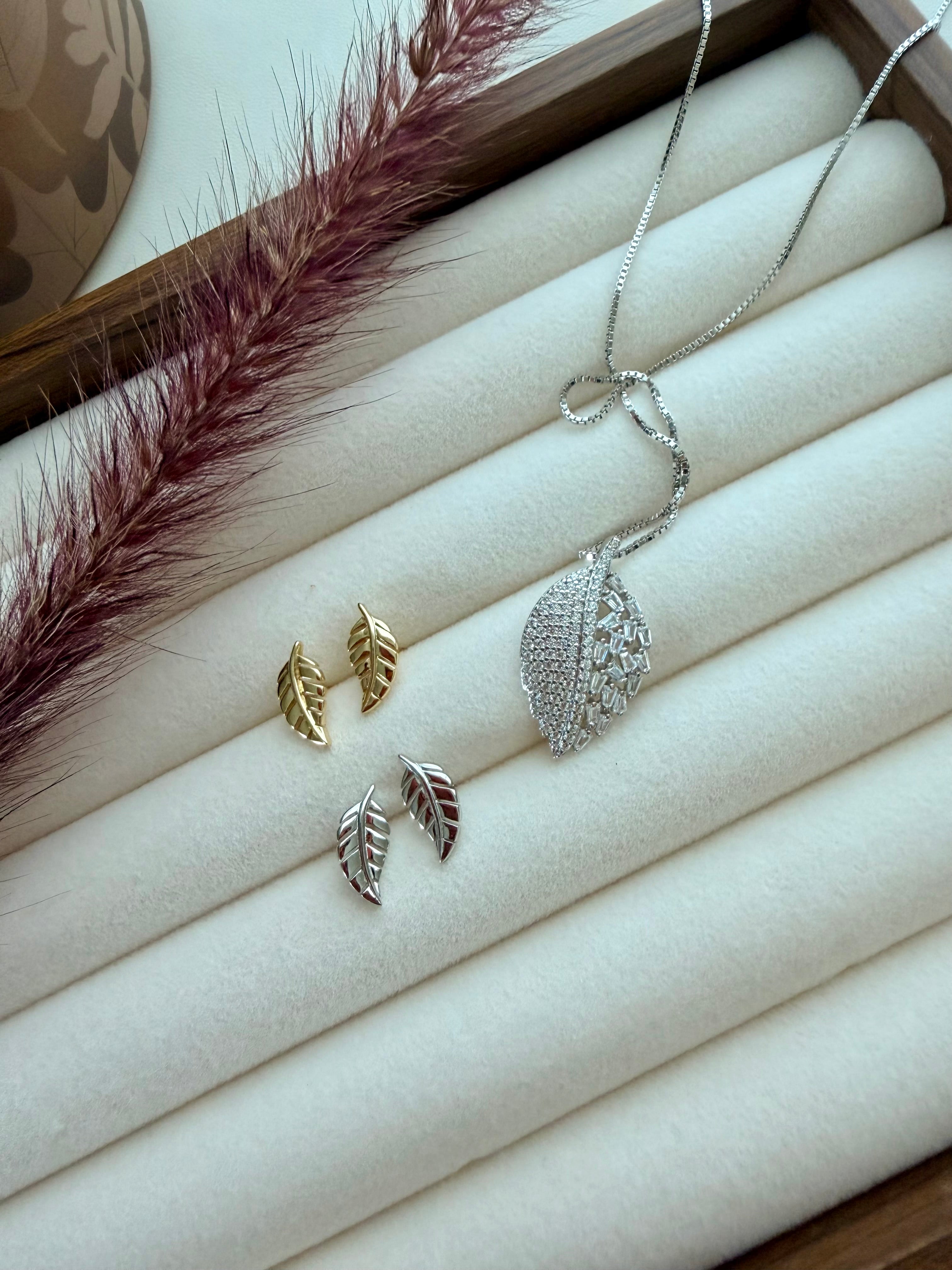 Sterling Silver Pavé and Baguette Zirconia Leaf Necklace