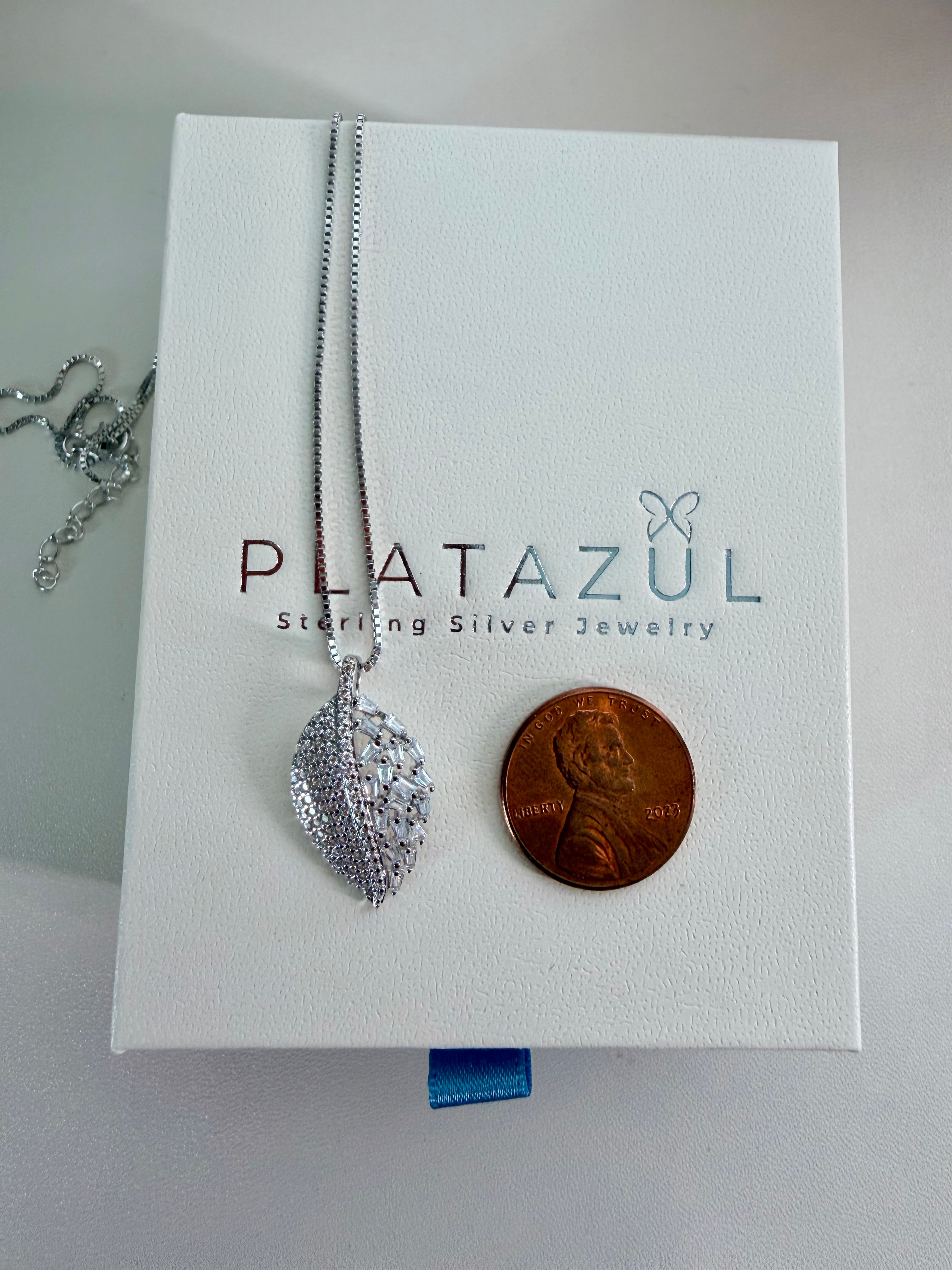 Sterling Silver Pavé and Baguette Zirconia Leaf Necklace