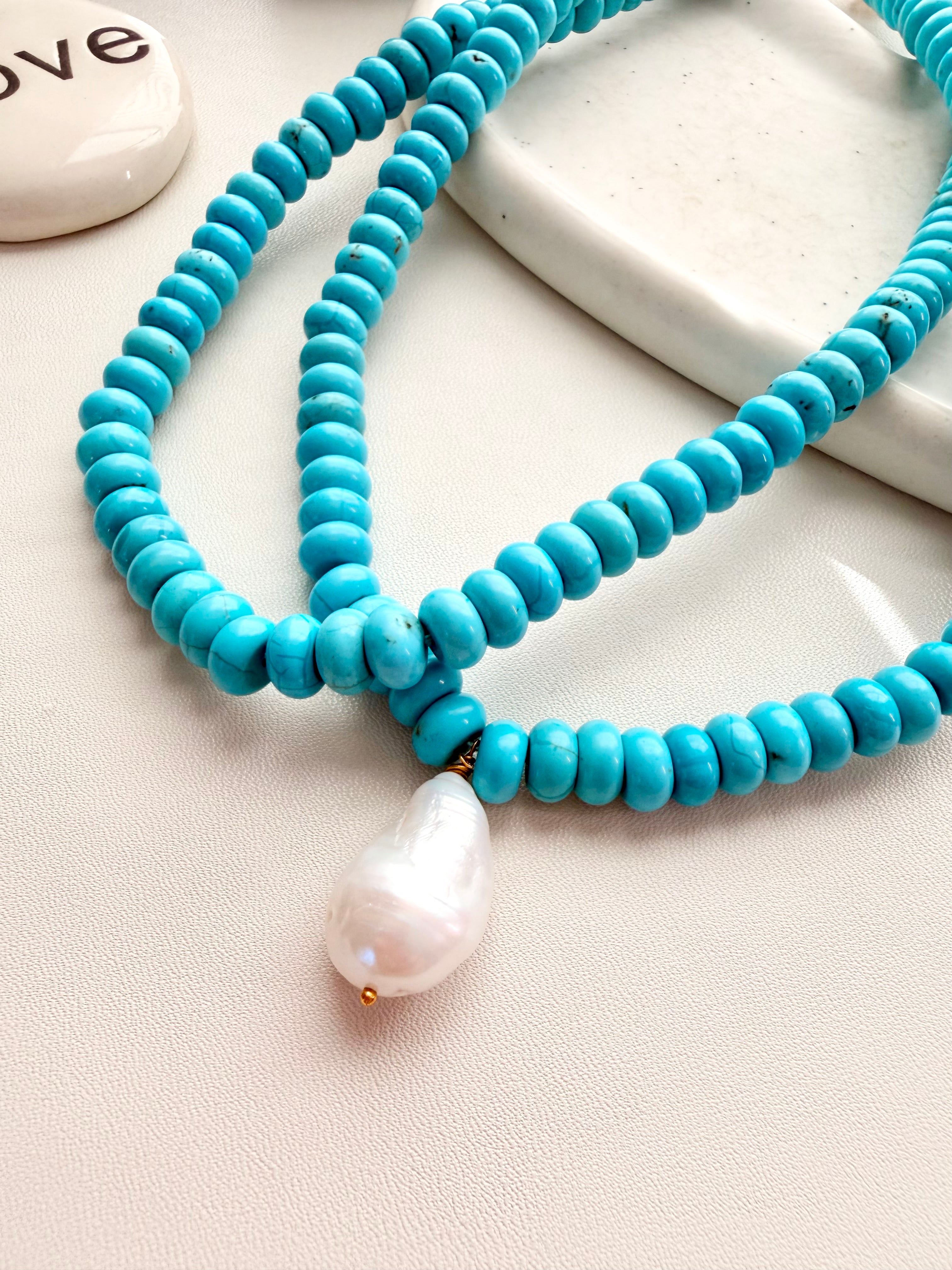 Double StrandTurquoise Necklace with Baroque Pearl