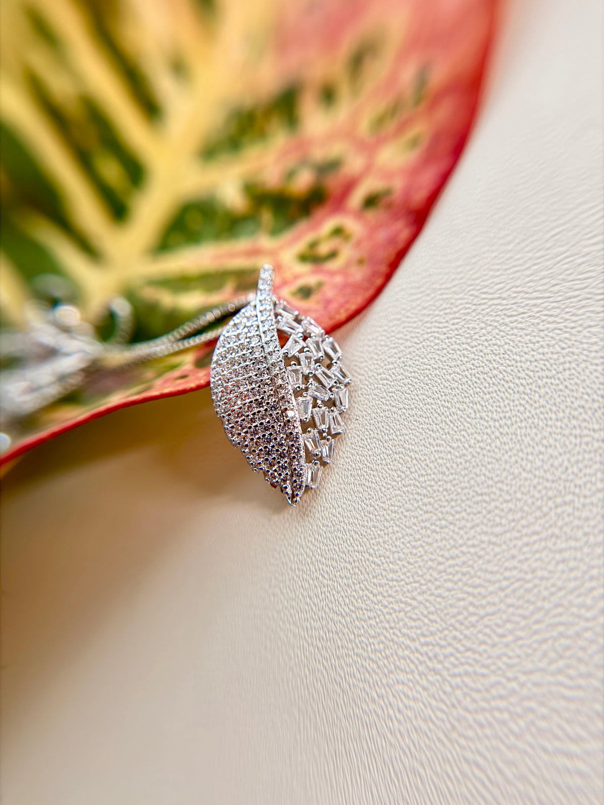 Sterling Silver Pavé and Baguette Zirconia Leaf Necklace