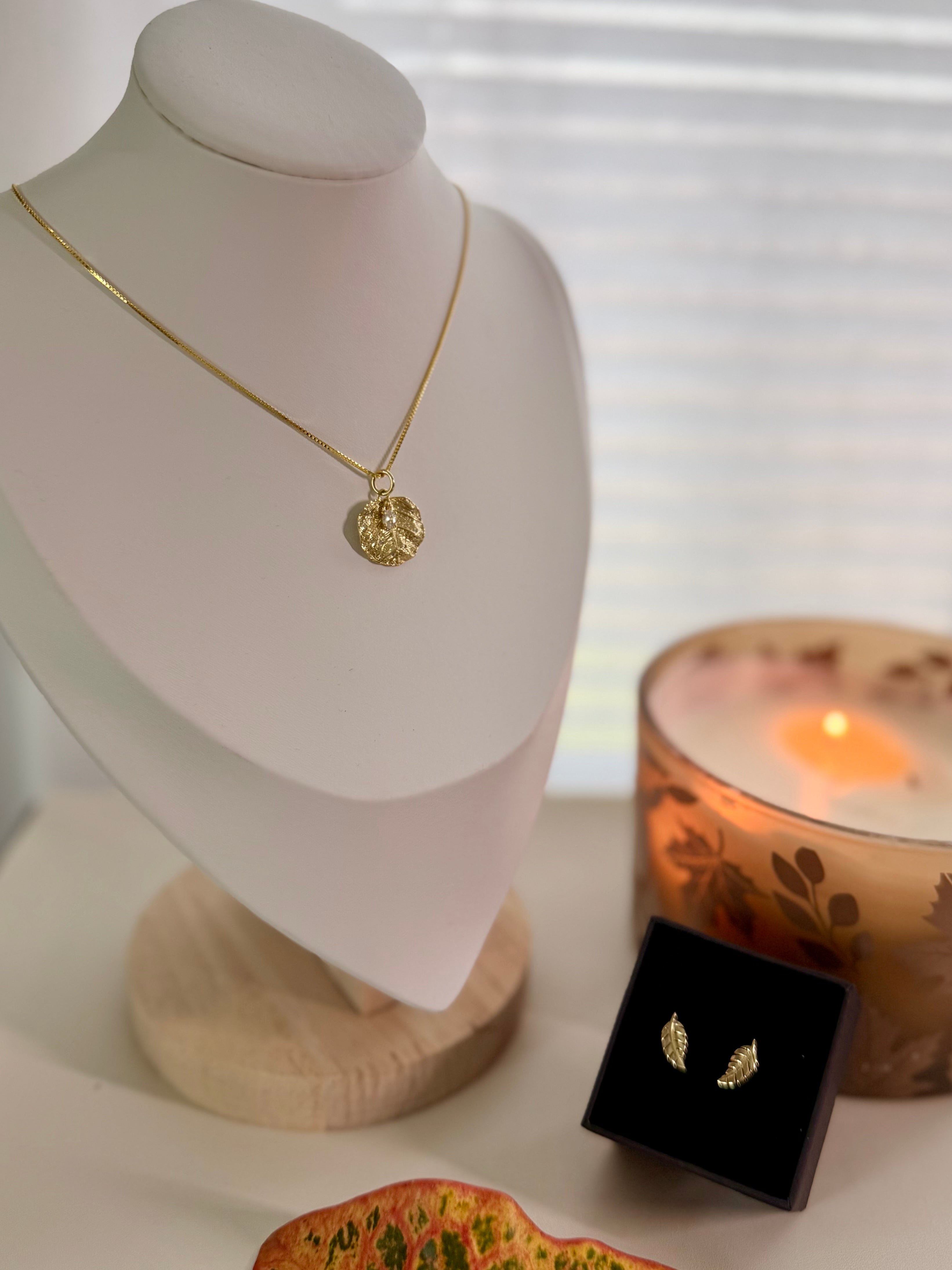 Sterling Silver 14K Gold Plated Textured Leaf Necklace.