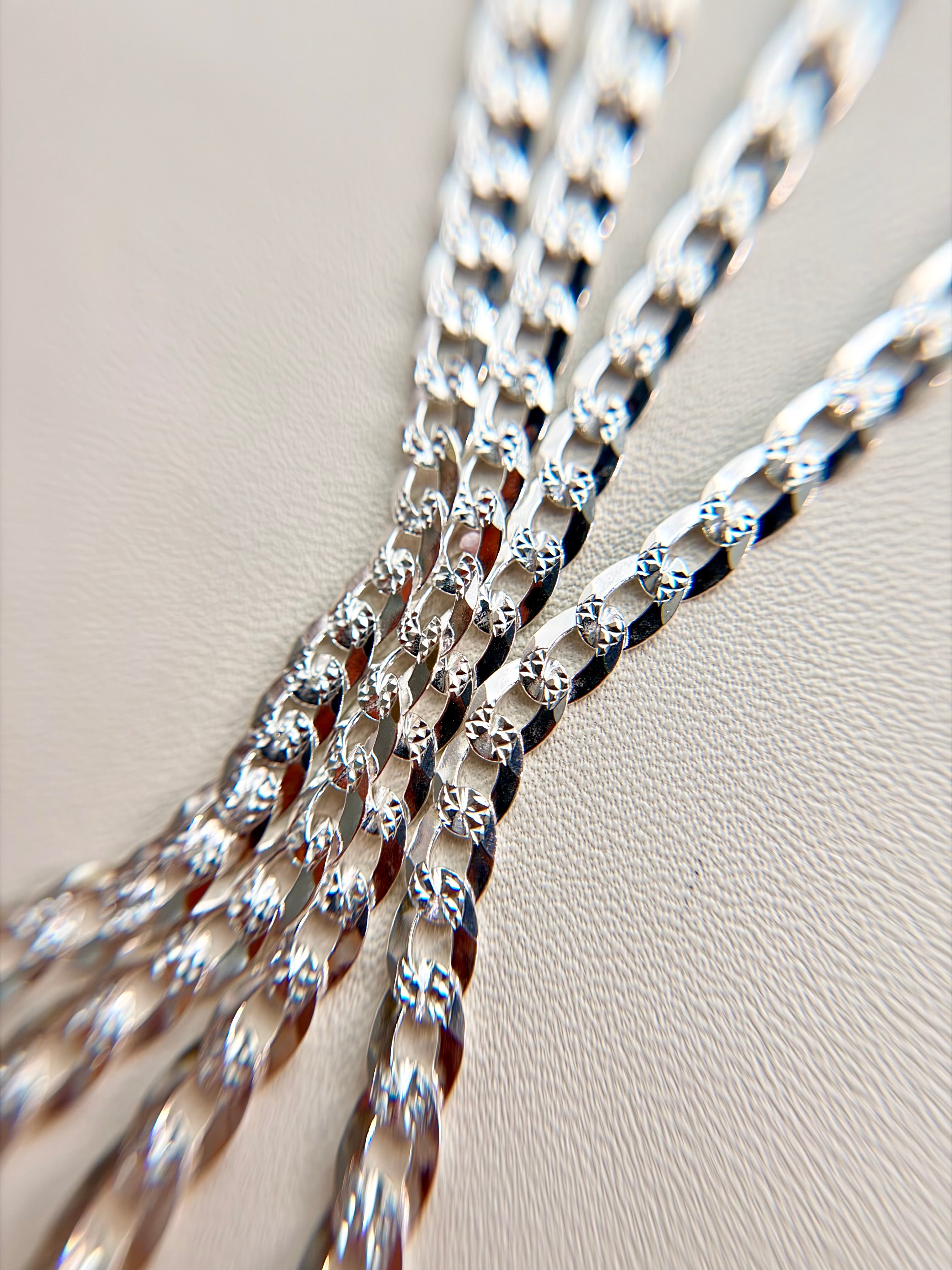 Sterling Silver 925 Italian Pave Flat Curb Chain