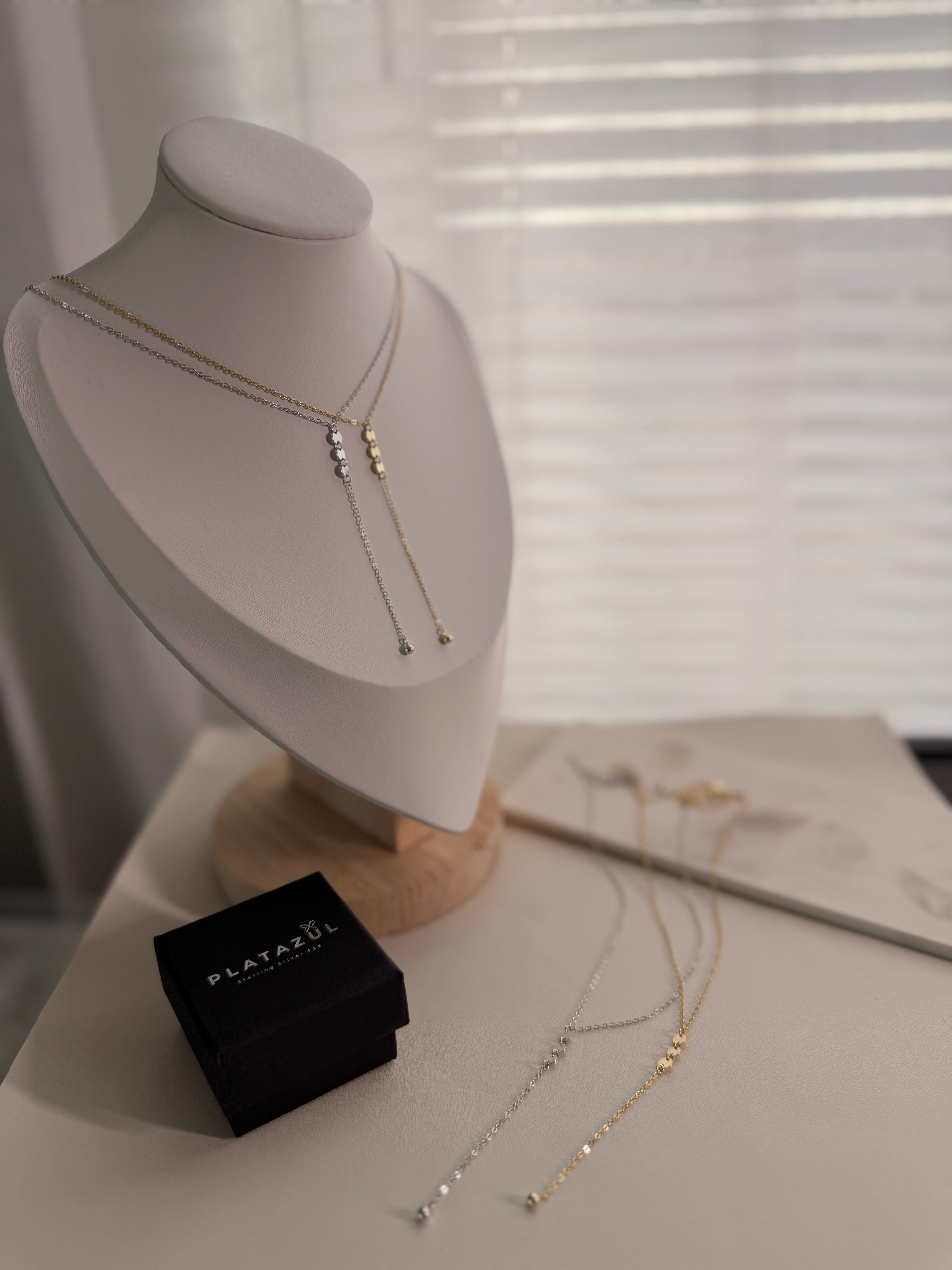 Sterling Silver 925 Mirror Disc Lariat Necklace