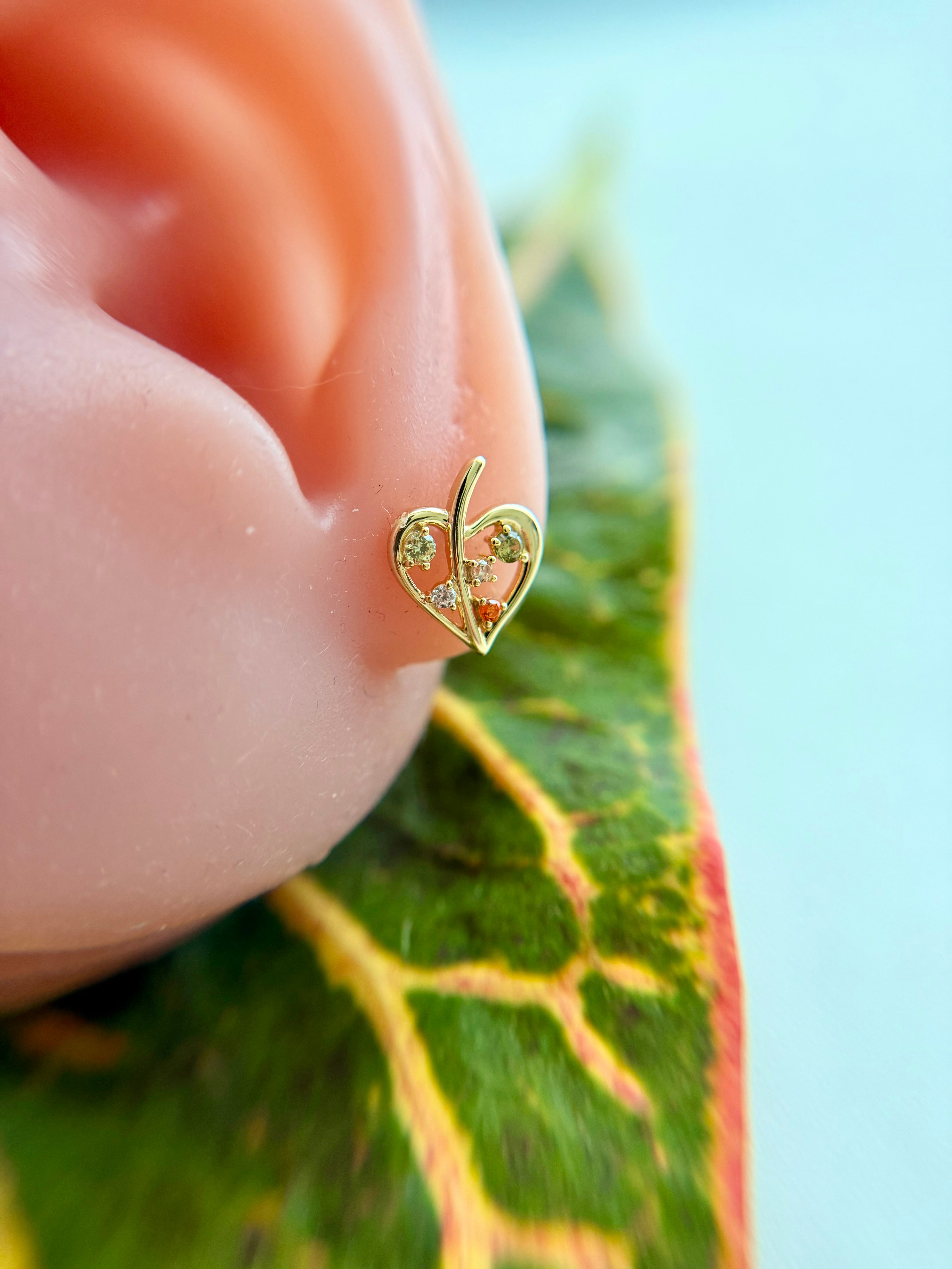 Sterling Silver 14K Gold Plated Multicolor Zirconia Heart Stud Earrings
