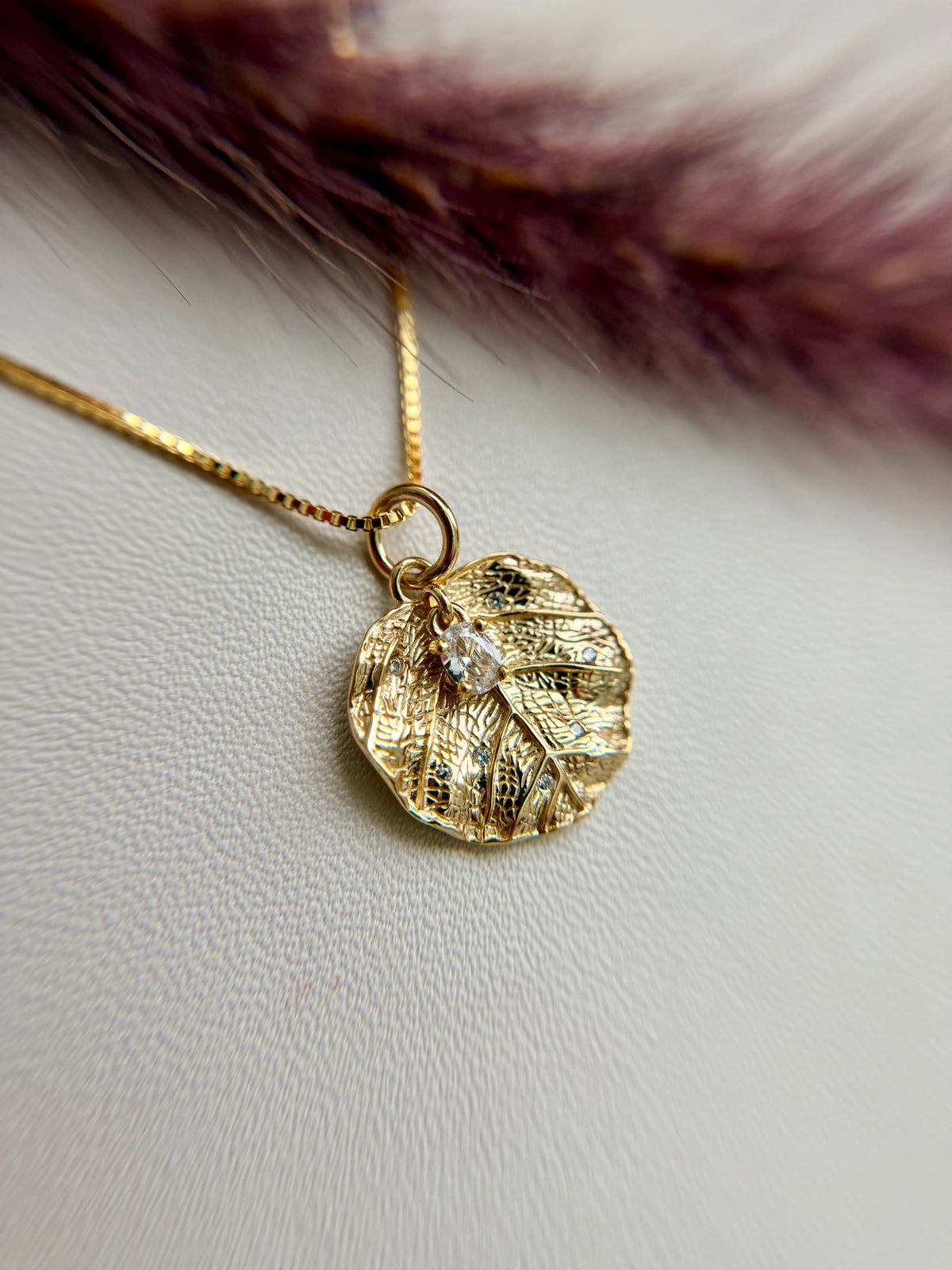 Sterling Silver 14K Gold Plated Textured Leaf Necklace.