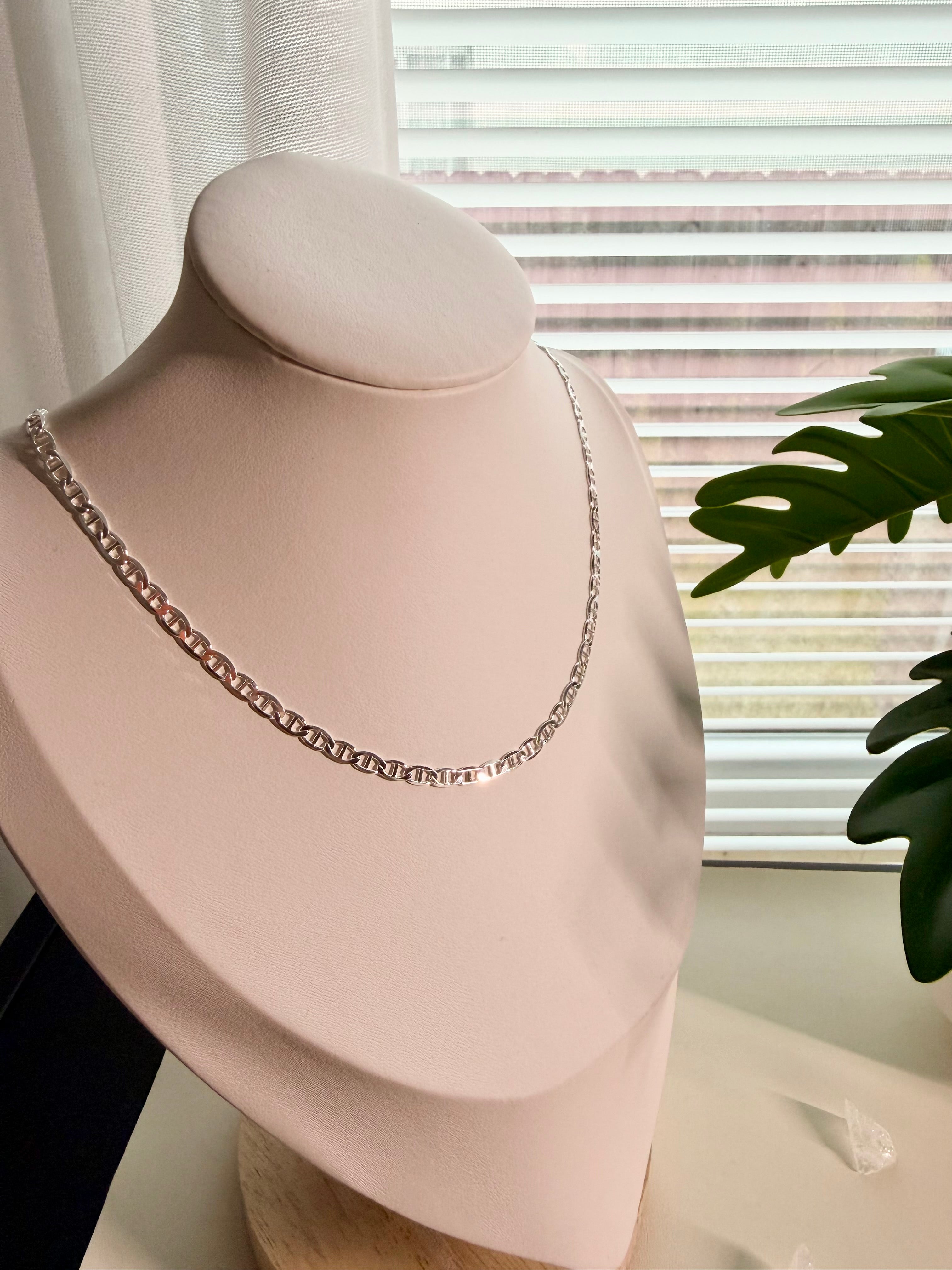 Silver 925 Italian Flat Marina Chain Necklace 3.4 mm