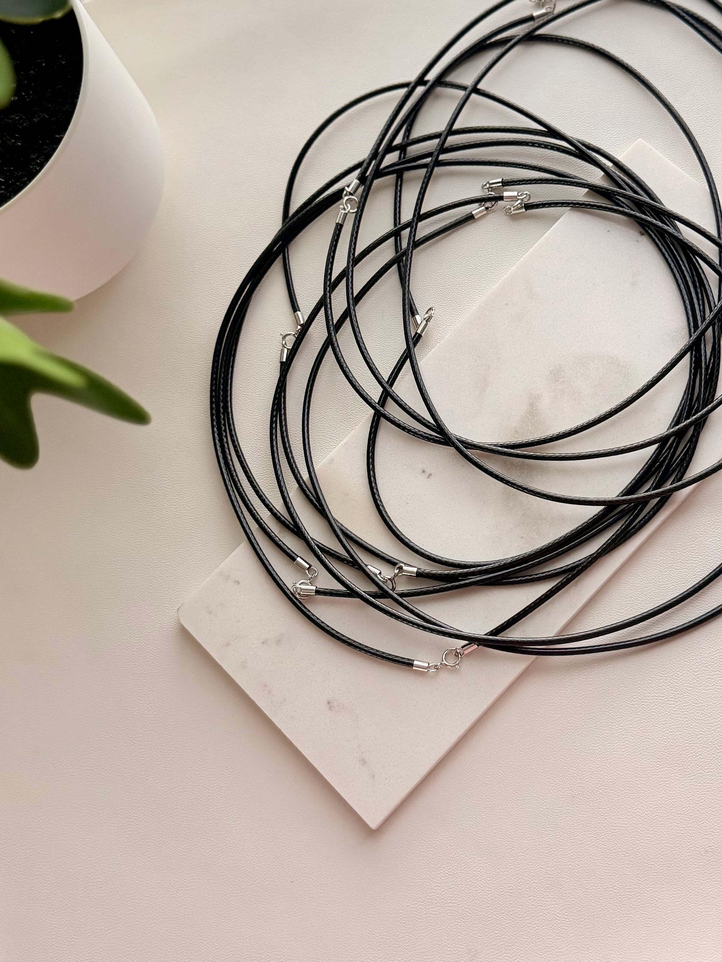 Black Waxed Leather Cord Necklace Sterling Silver 925
