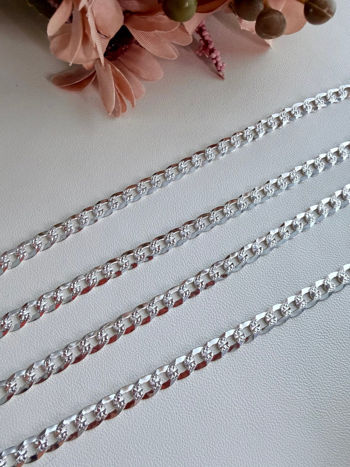 Sterling Silver 925 Italian Pave Flat Curb Chain