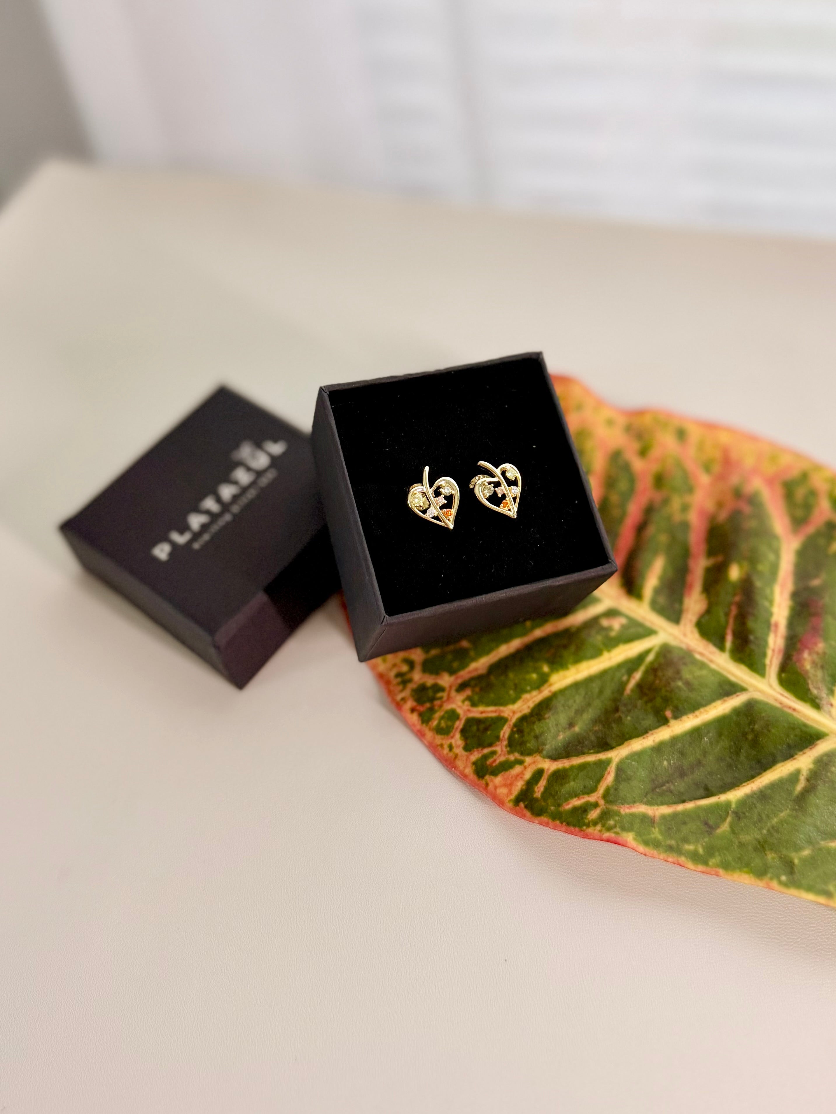 Sterling Silver 14K Gold Plated Multicolor Zirconia Heart Stud Earrings