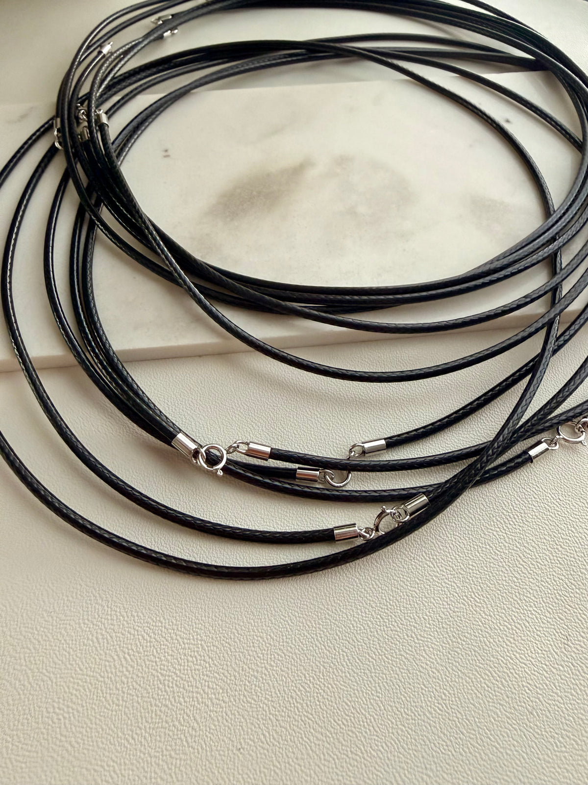 Black Waxed Leather Cord Necklace Sterling Silver 925