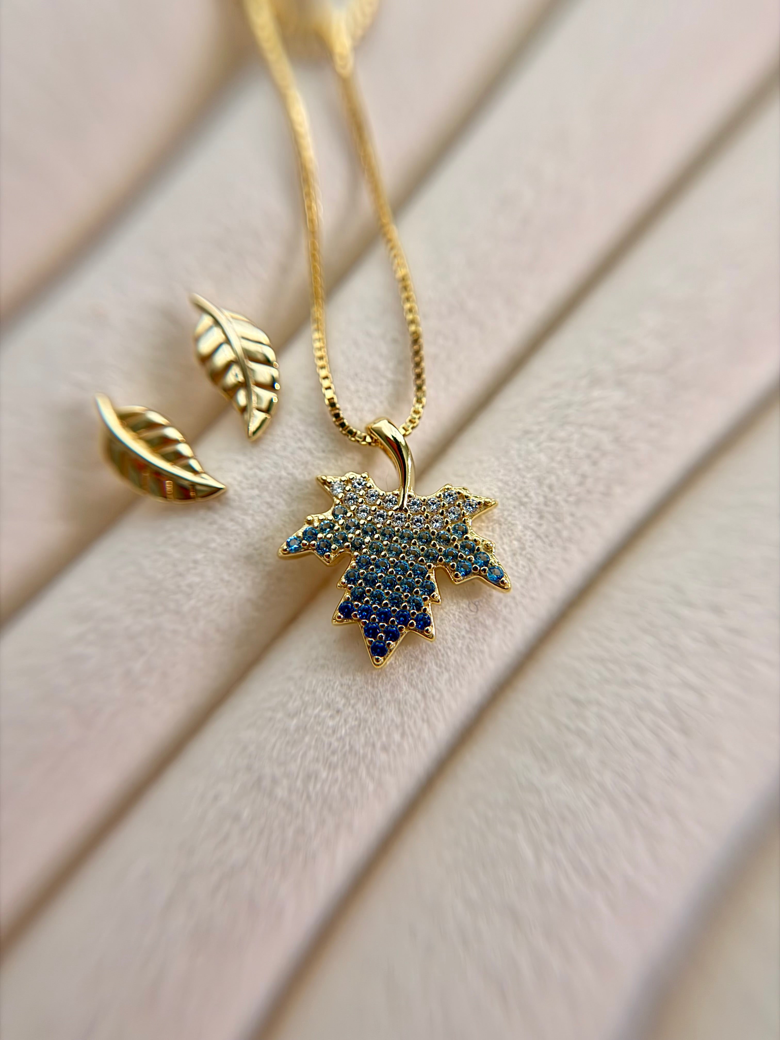 Sterling Silver 14K Gold Plated Blue Maple Leaf Necklace