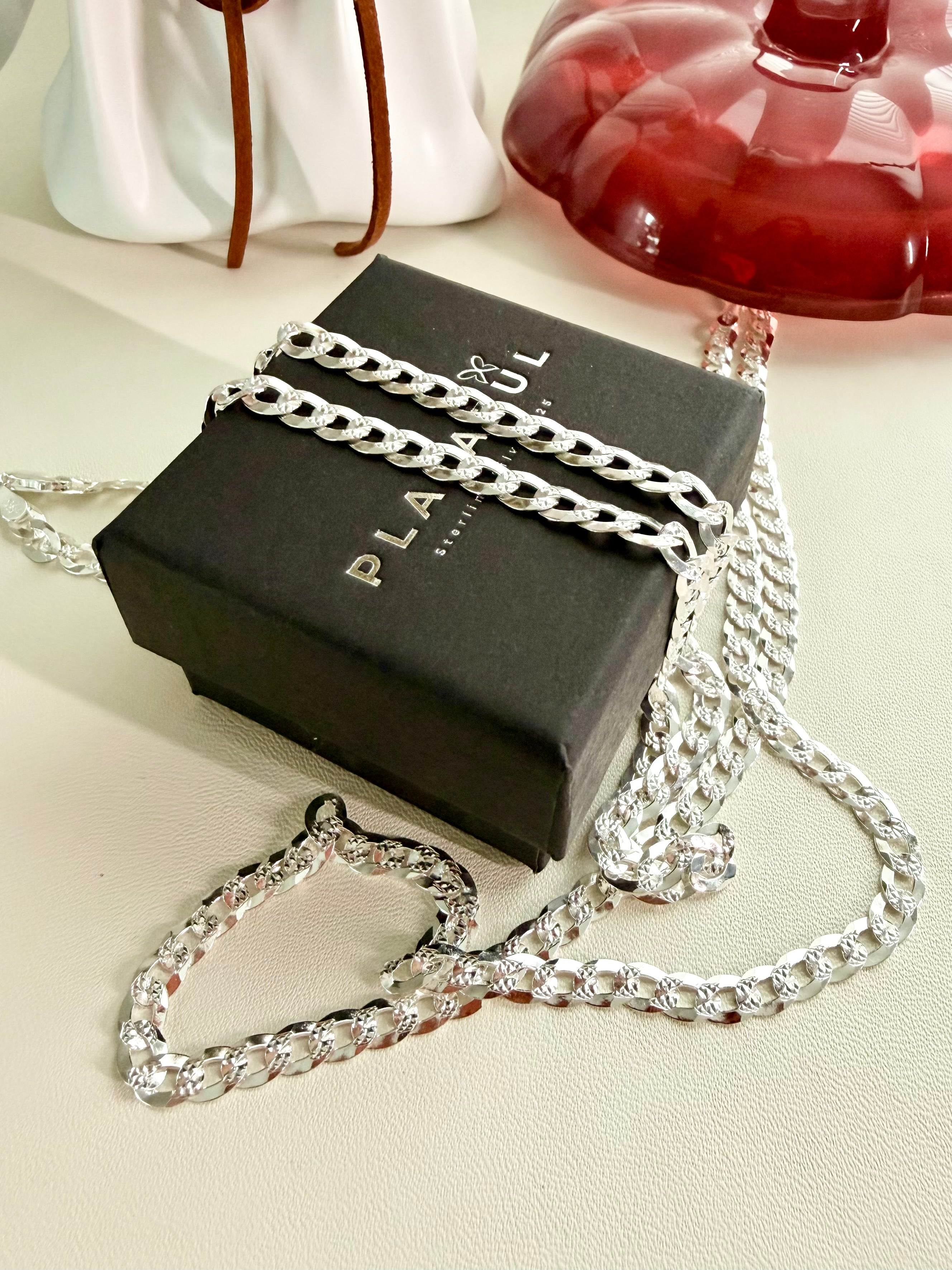 Sterling Silver 925 Italian Pave Flat Curb Chain