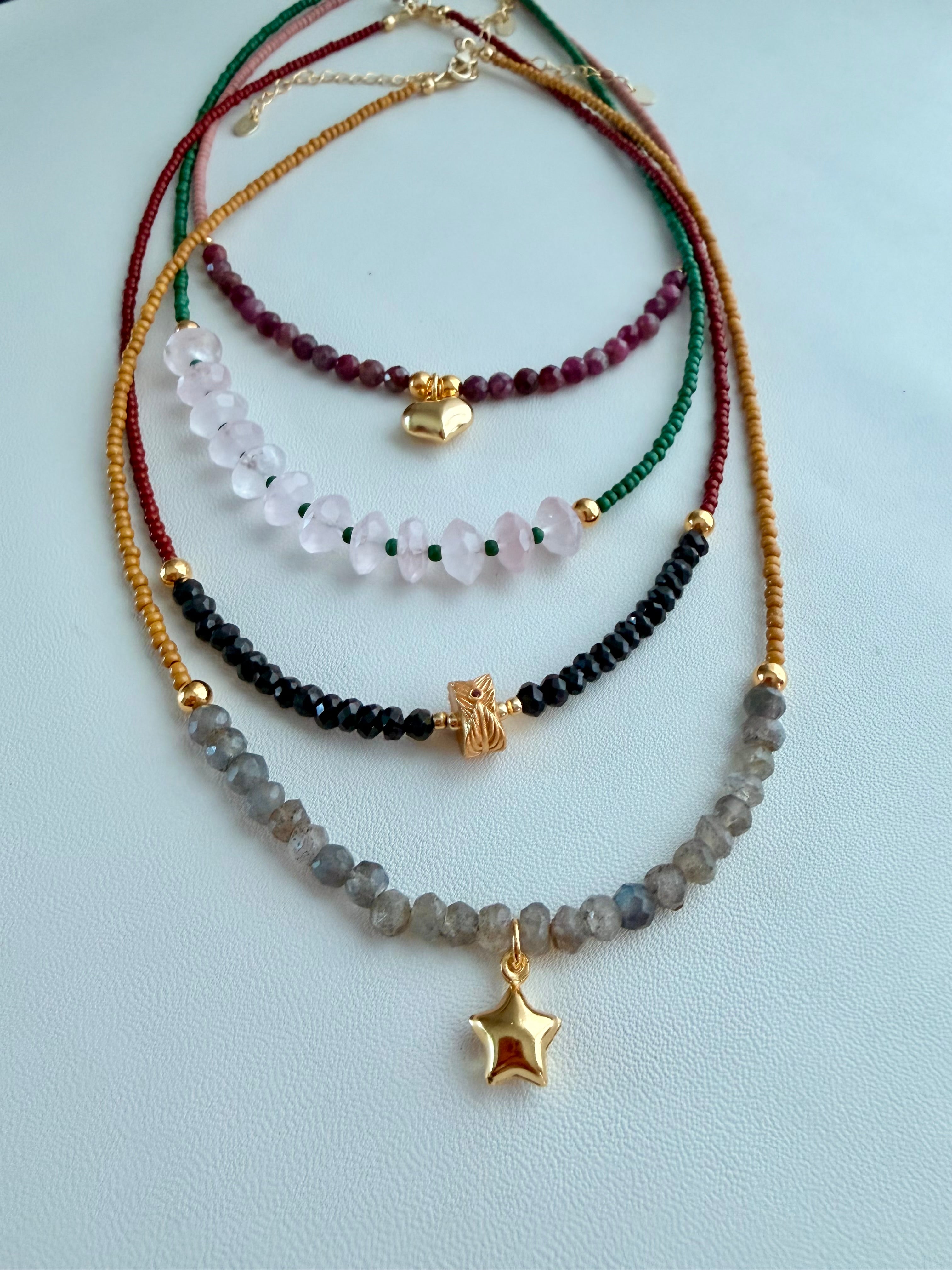Sterling Silver 925 Ruby, Black Spinel, Labradorite & Rose Quartz Necklace