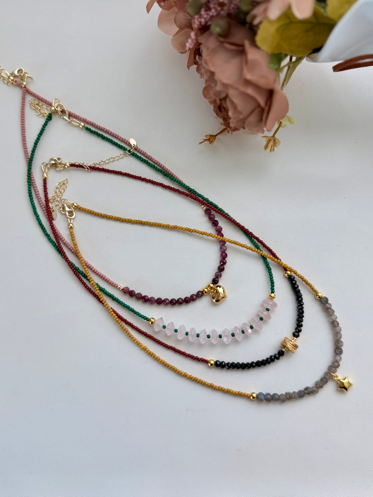 Sterling Silver 925 Ruby, Black Spinel, Labradorite & Rose Quartz Necklace