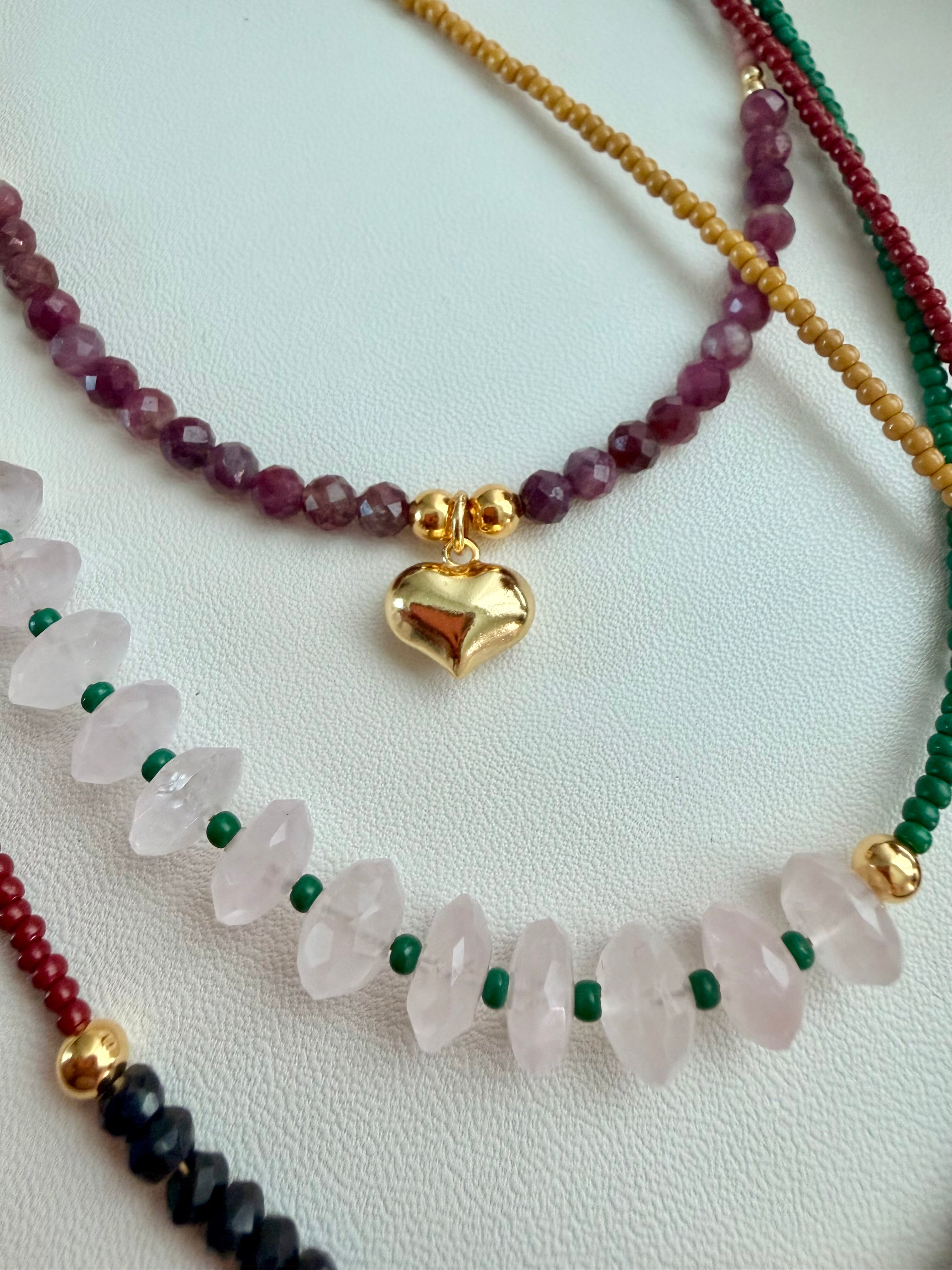Sterling Silver 925 Ruby, Black Spinel, Labradorite & Rose Quartz Necklace