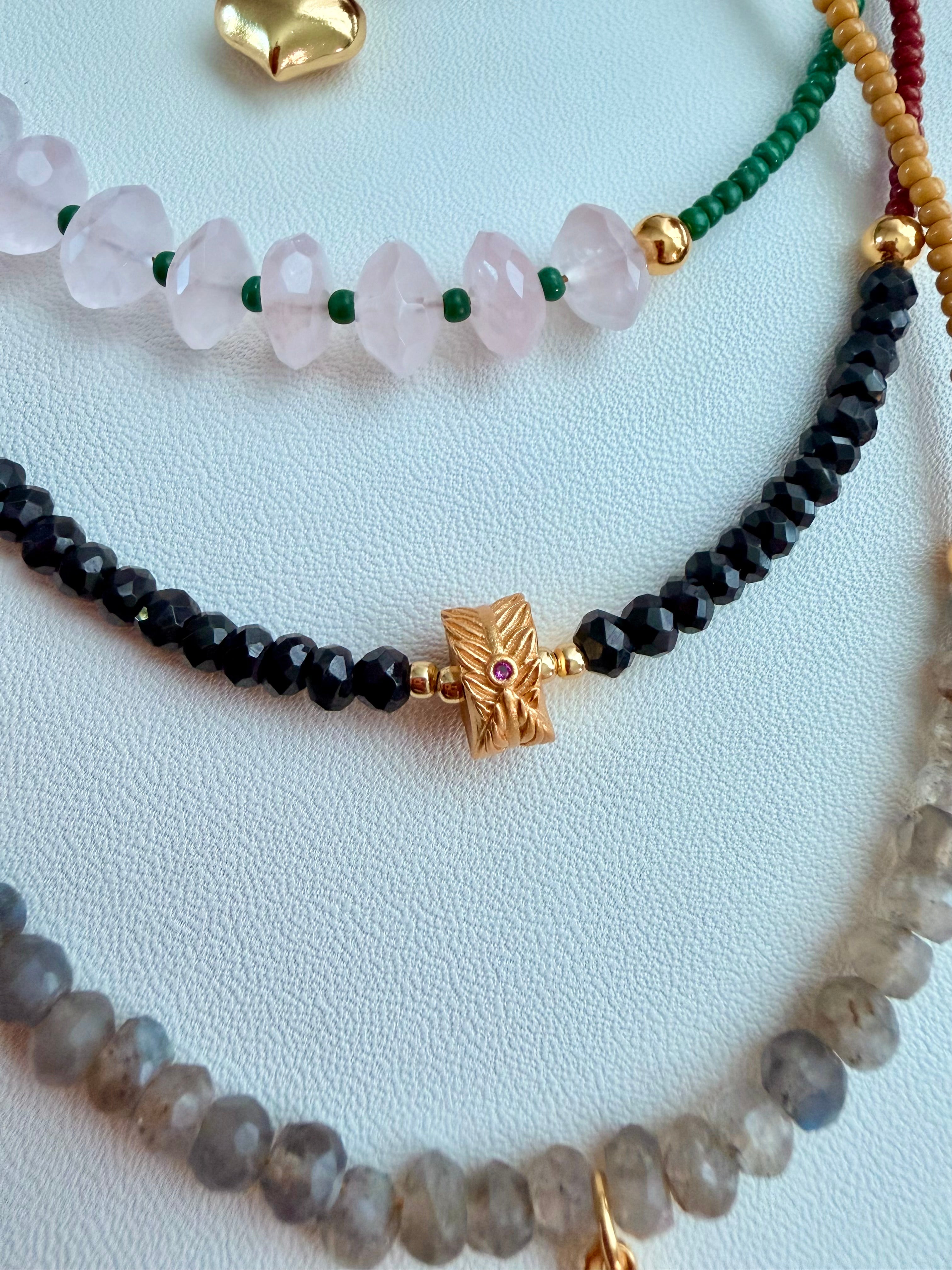 Sterling Silver 925 Ruby, Black Spinel, Labradorite & Rose Quartz Necklace