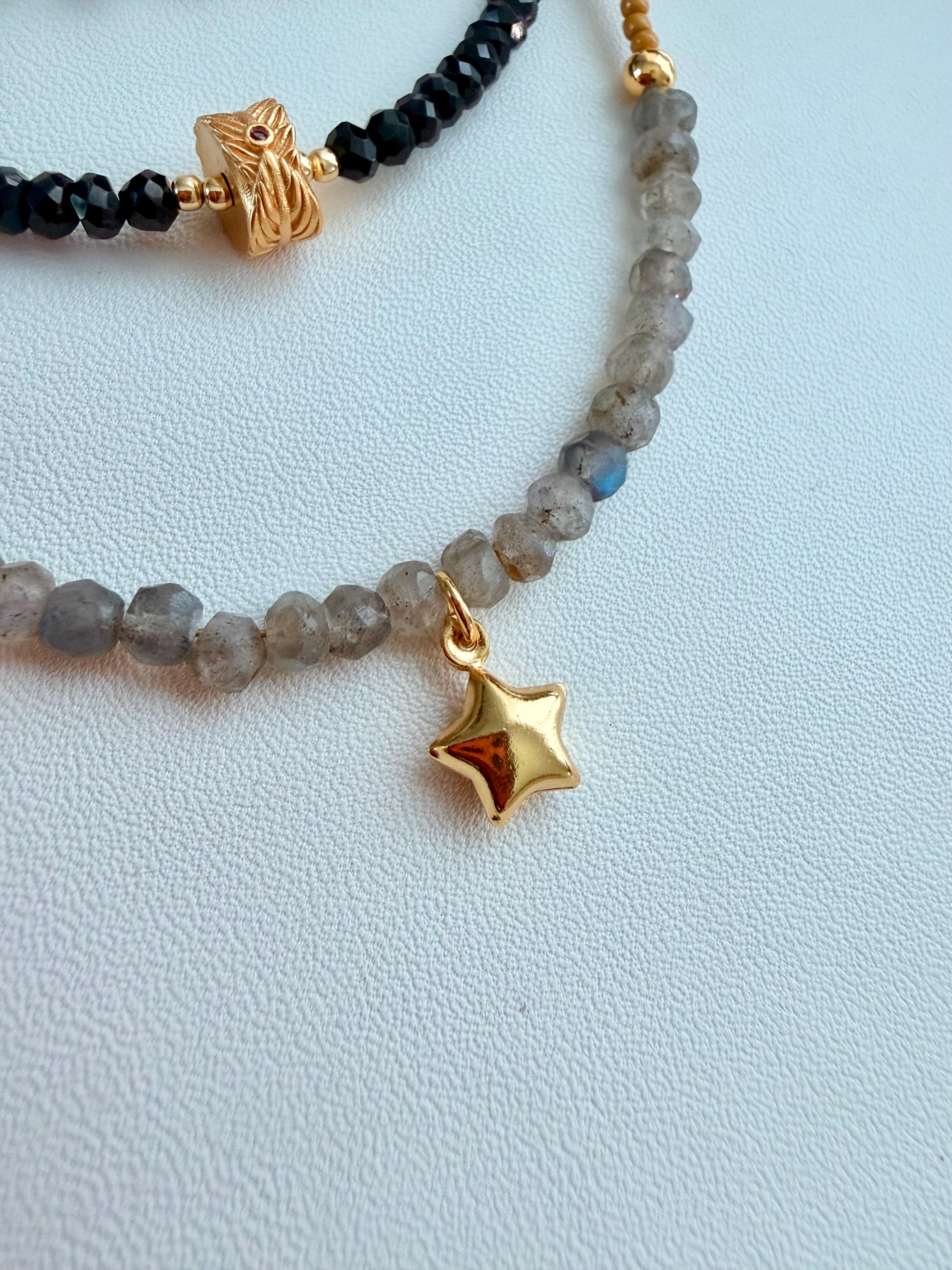 Sterling Silver 925 Ruby, Black Spinel, Labradorite & Rose Quartz Necklace