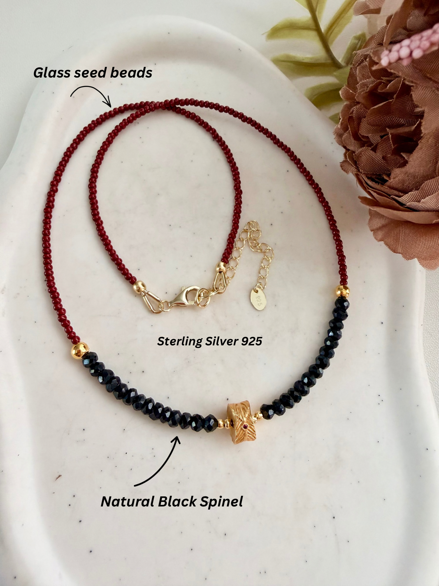 Sterling Silver 925 Ruby, Black Spinel, Labradorite & Rose Quartz Necklace